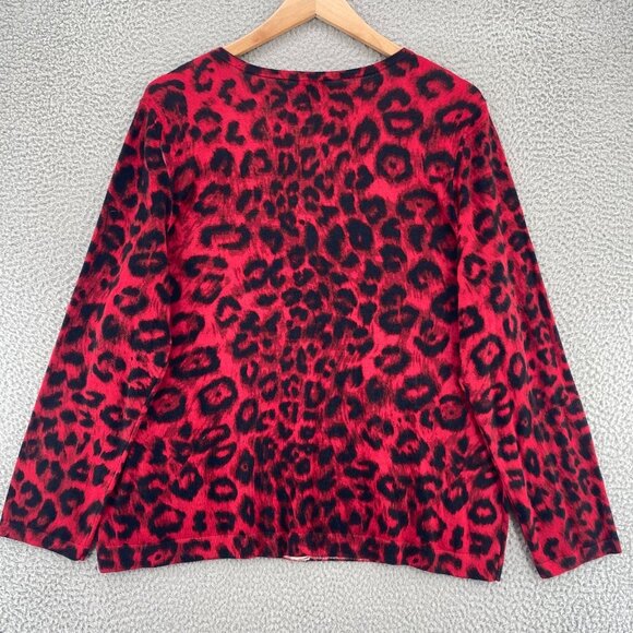 Talbots Womens 2X Plus Red Leopard Print Merino Wool Button Up Cardigan Stretch - Picture 3 of 10